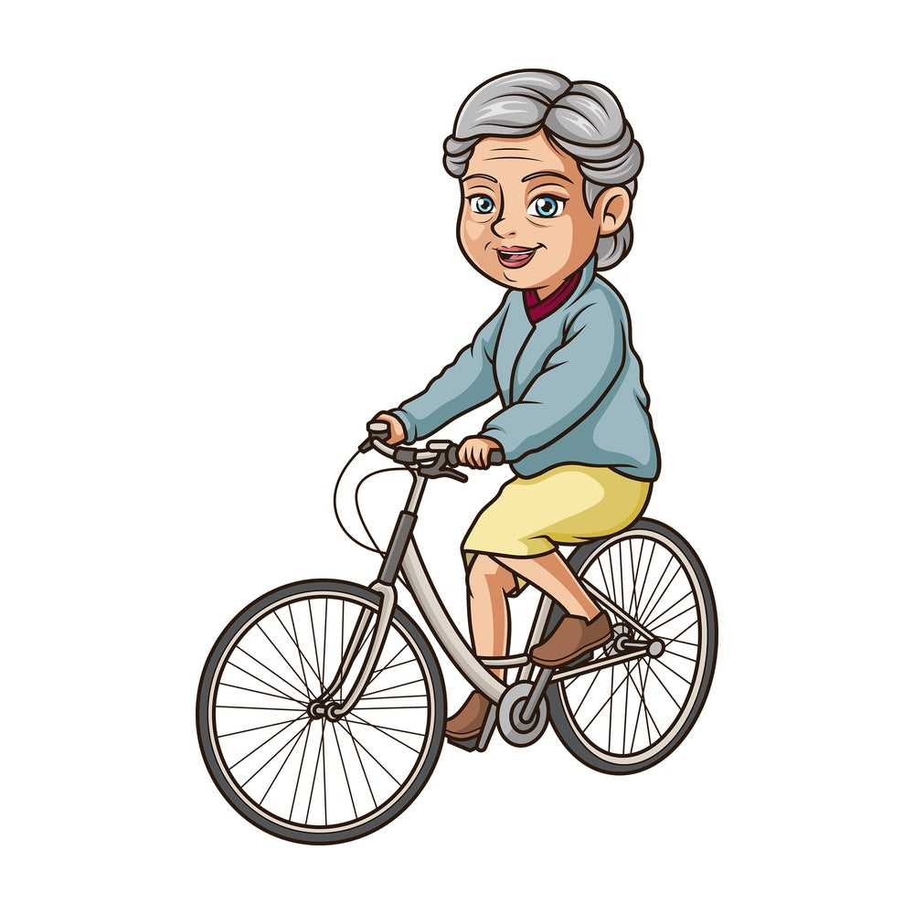 Old woman riding vintage bicycle. PNG - JPG and vector EPS (infinitely scalable).