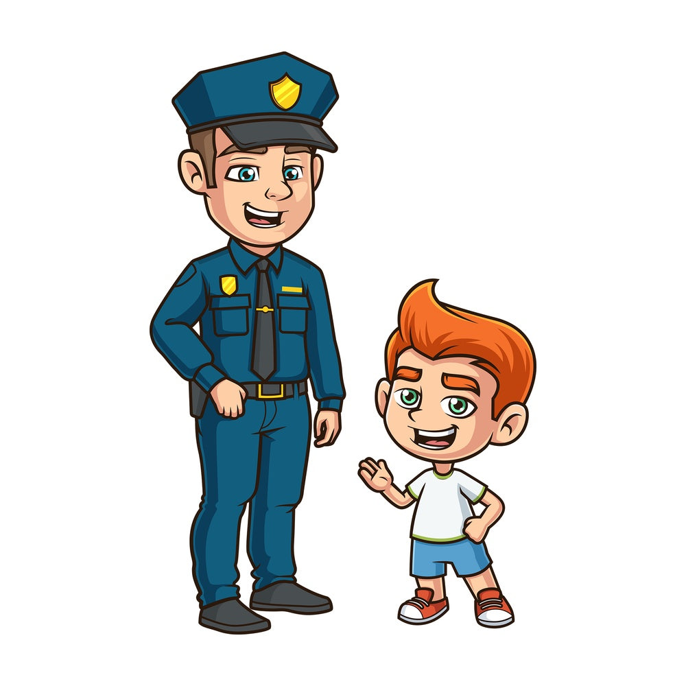 Kid talking to policeman. PNG - JPG and vector EPS (infinitely scalable).