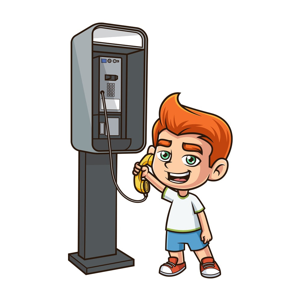 Boy calling from phone booth. PNG - JPG and vector EPS (infinitely scalable).