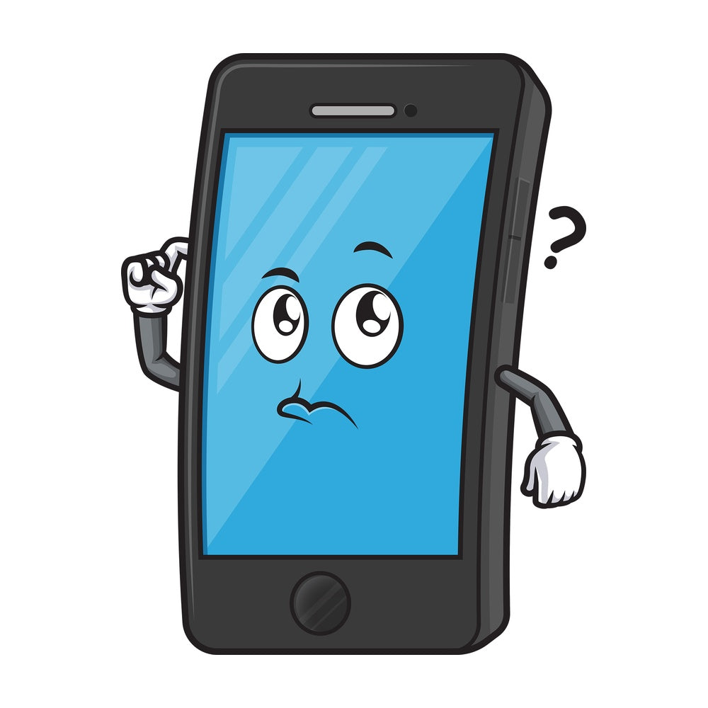 Confused cellphone character. PNG - JPG and vector EPS (infinitely scalable).