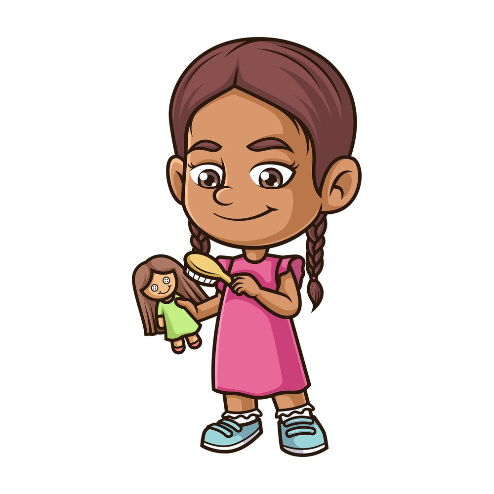Hispanic girl combing doll. PNG - JPG and vector EPS (infinitely scalable).