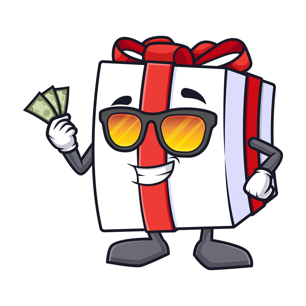 Cool gift box holding cash. PNG - JPG and vector EPS (infinitely scalable).