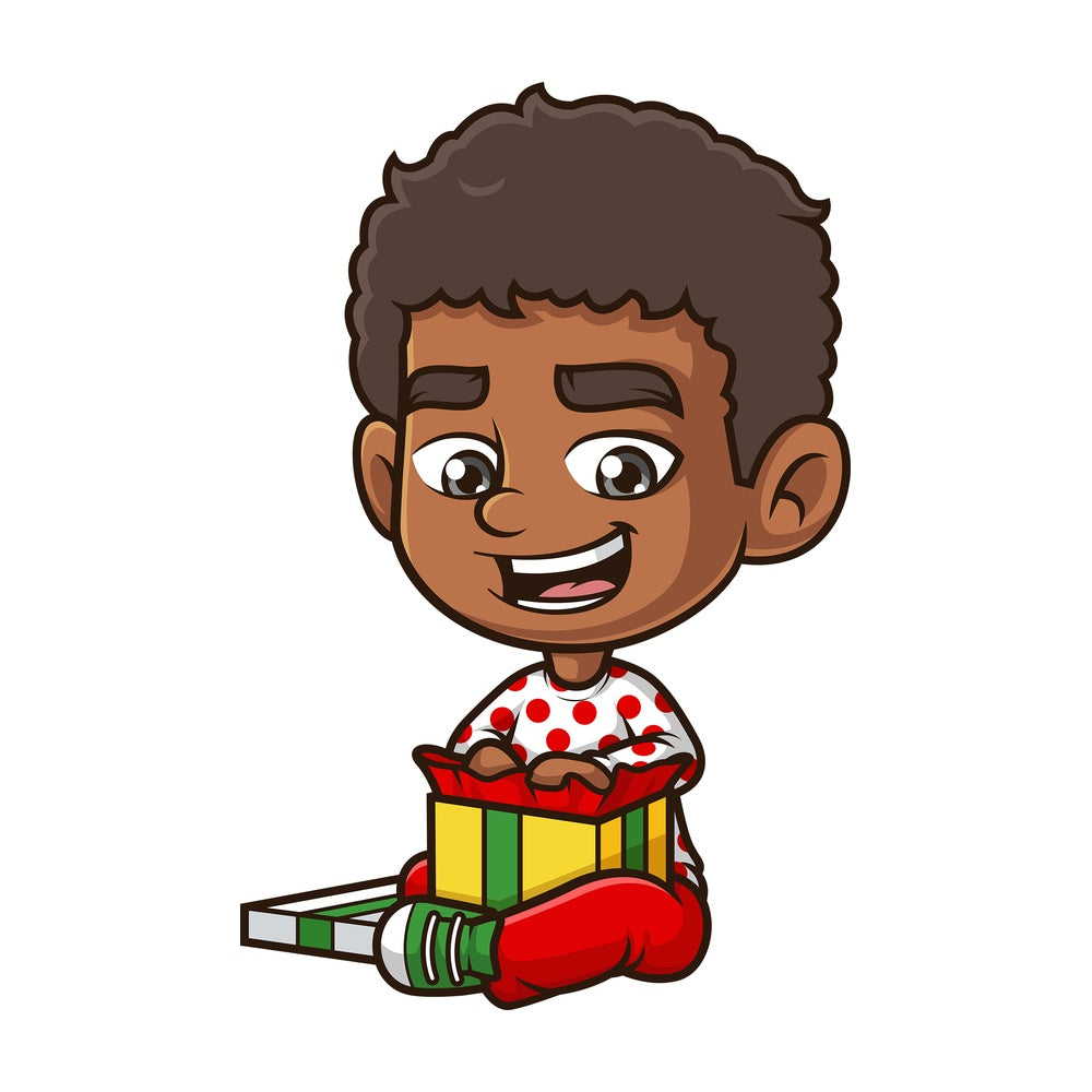 Black boy opening present. PNG - JPG and vector EPS (infinitely scalable).