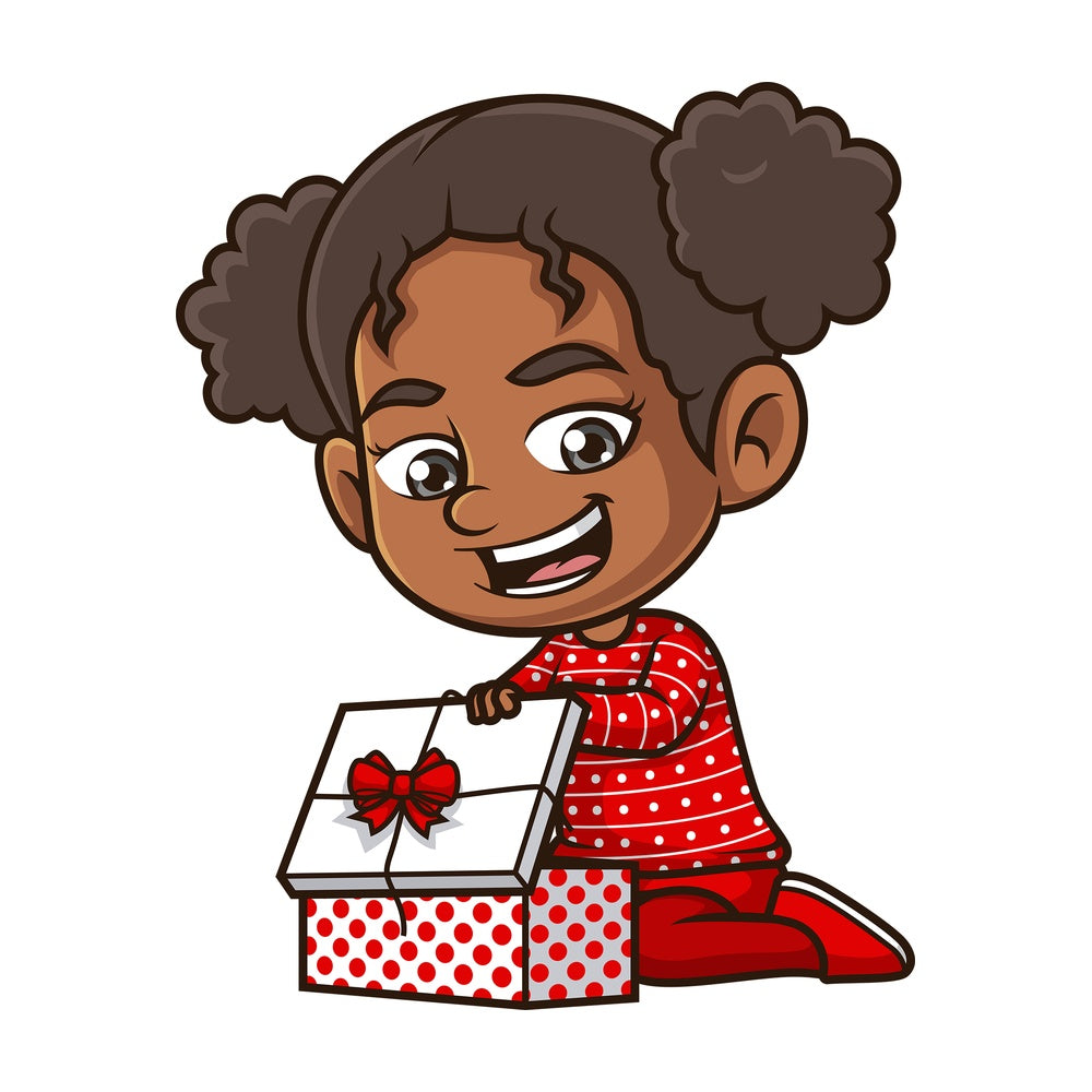 Black girl opening present. PNG - JPG and vector EPS (infinitely scalable).