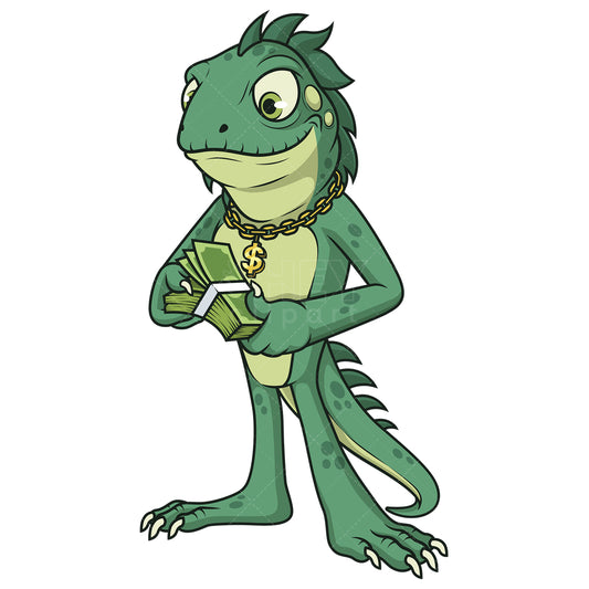 Royalty-free stock vector illustration of a iguana holding money.