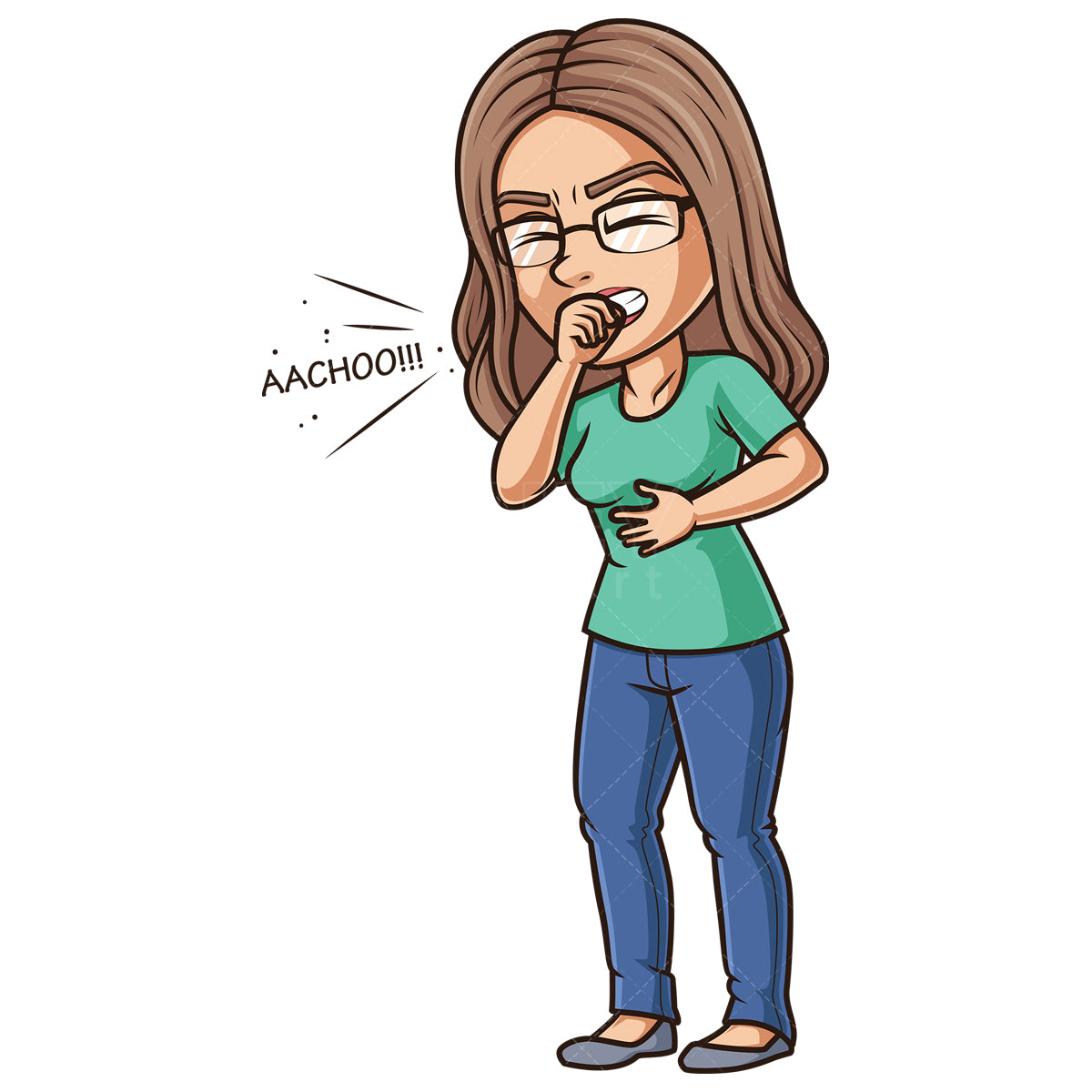 Royalty-free stock vector illustration of an ill woman sneezing.