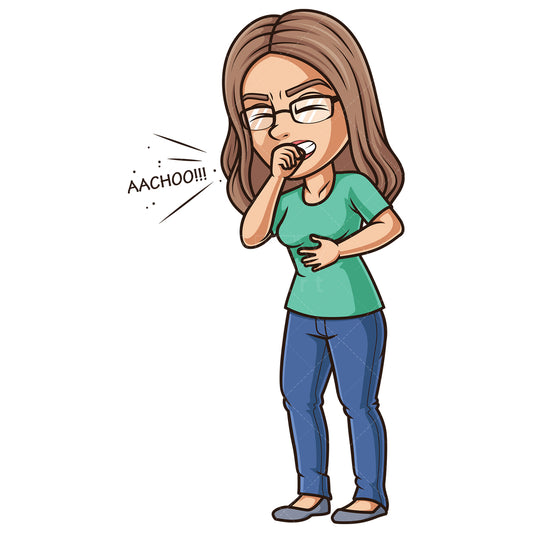 Royalty-free stock vector illustration of an ill woman sneezing.