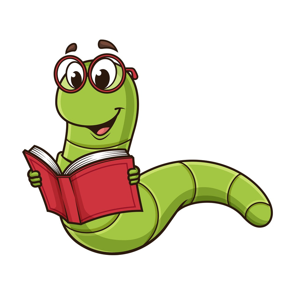 Bookworm reading book. PNG - JPG and vector EPS (infinitely scalable).