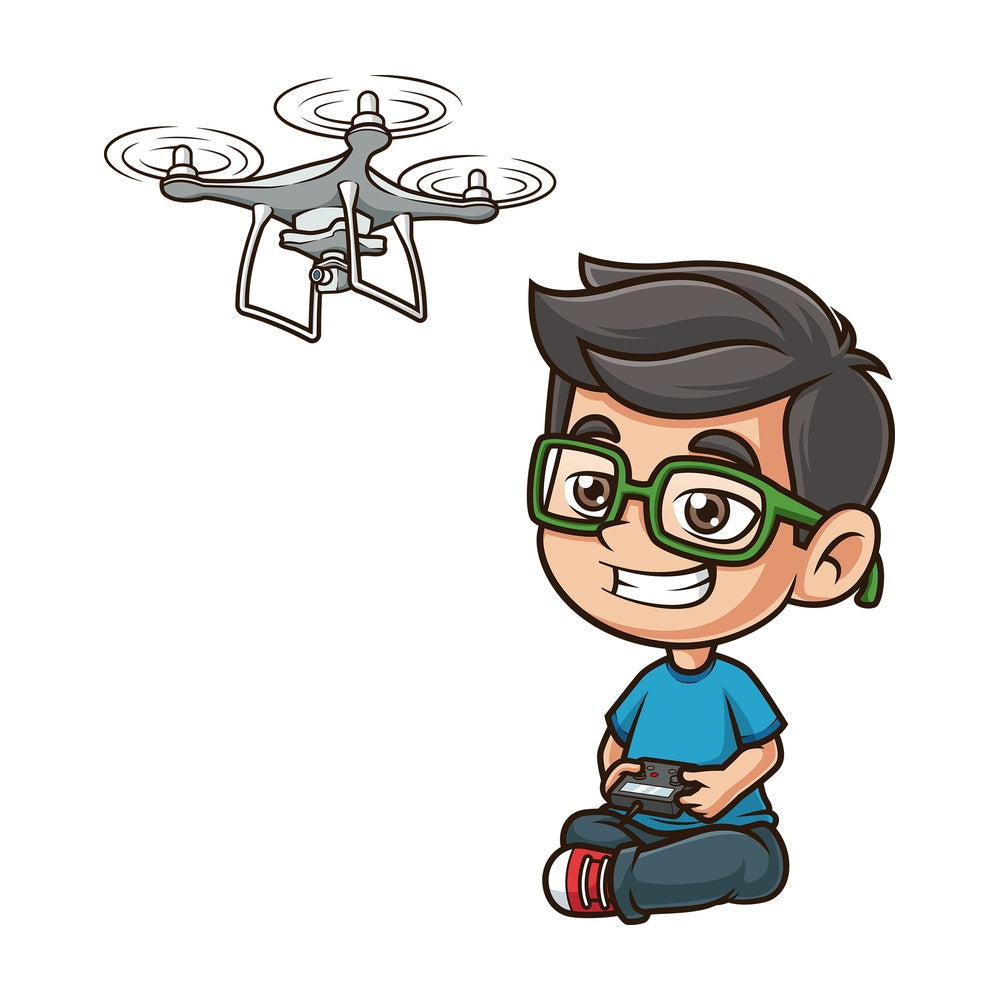 Kid flying quadcopter drone. PNG - JPG and vector EPS (infinitely scalable).