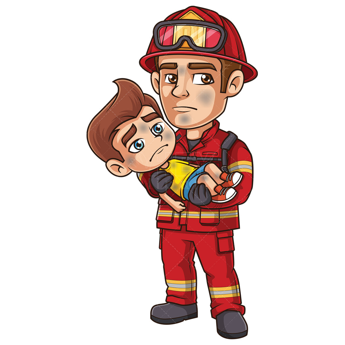 Royalty-free stock vector illustration of a firefighter saving a child.
