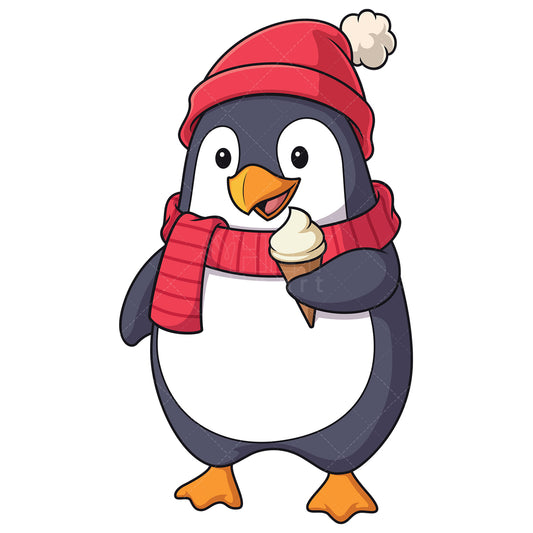 Royalty-free stock vector illustration of a winter penguin eating ice cream.