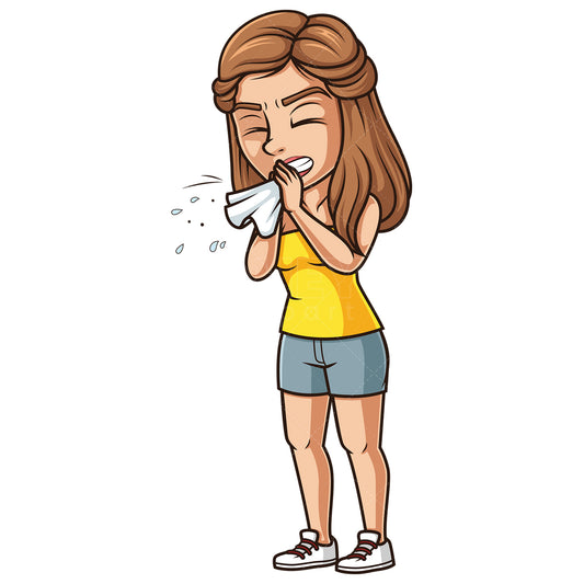 Royalty-free stock vector illustration of a woman sneezing into tissue.