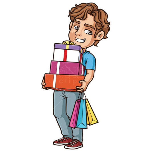 Royalty-free stock vector illustration of a young man shopping gifts.