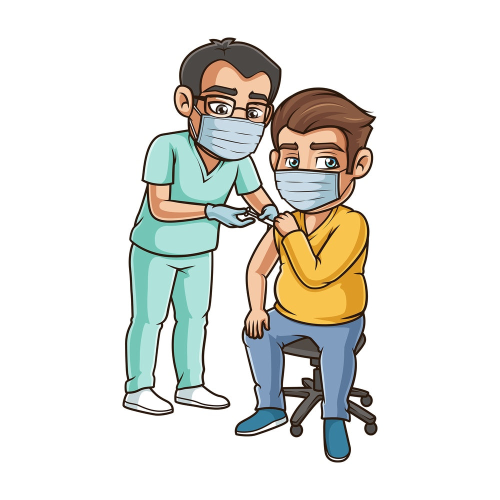 Chubby man getting covid vaccine. PNG - JPG and vector EPS (infinitely scalable).