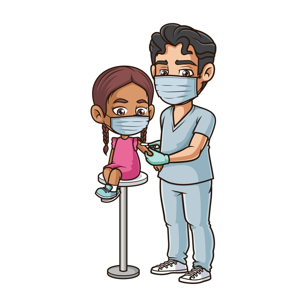 Hispanic girl getting covid-19 vaccine. PNG - JPG and vector EPS (infinitely scalable).