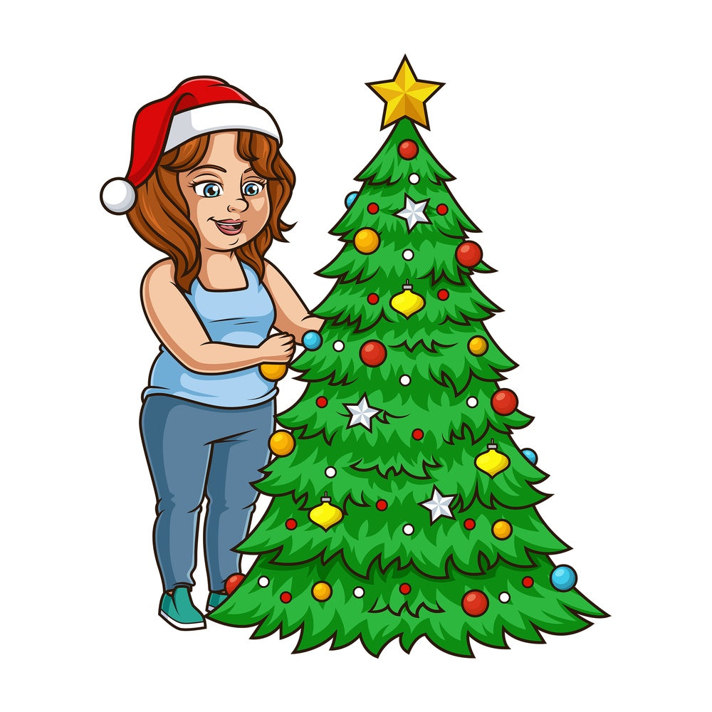 Chubby girl decorating christmas tree. PNG - JPG and vector EPS (infinitely scalable).