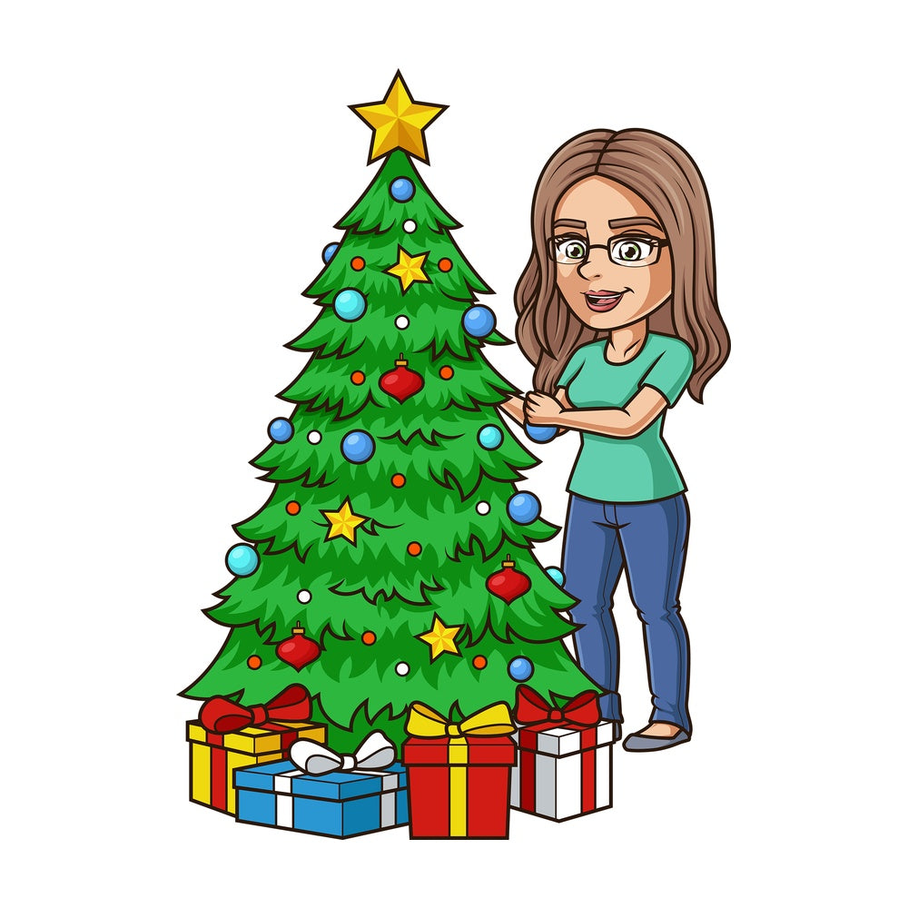Cheerful girl decorating christmas tree. PNG - JPG and vector EPS (infinitely scalable).
