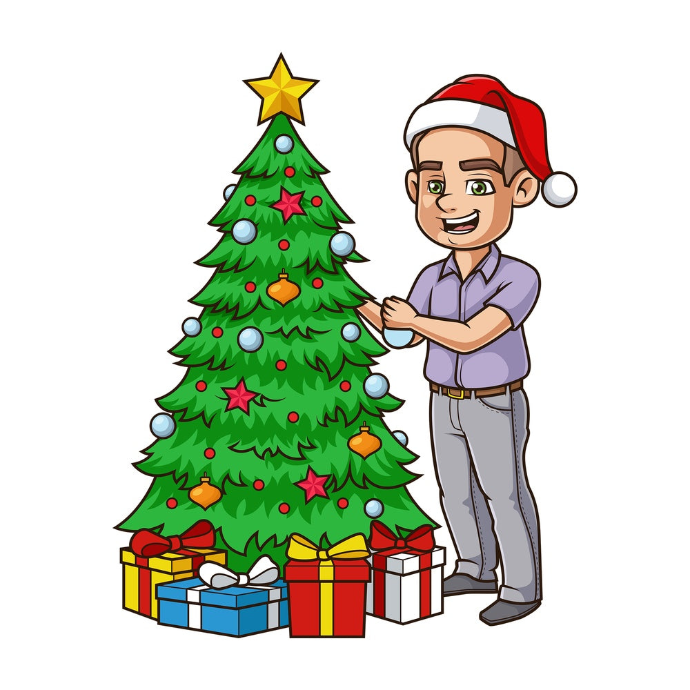 Cheerful guy decorating christmas tree. PNG - JPG and vector EPS (infinitely scalable).
