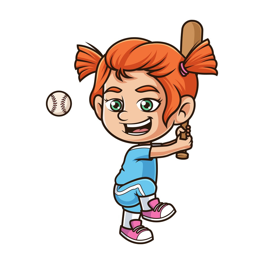Ginger girl playing baseball. PNG - JPG and vector EPS (infinitely scalable).
