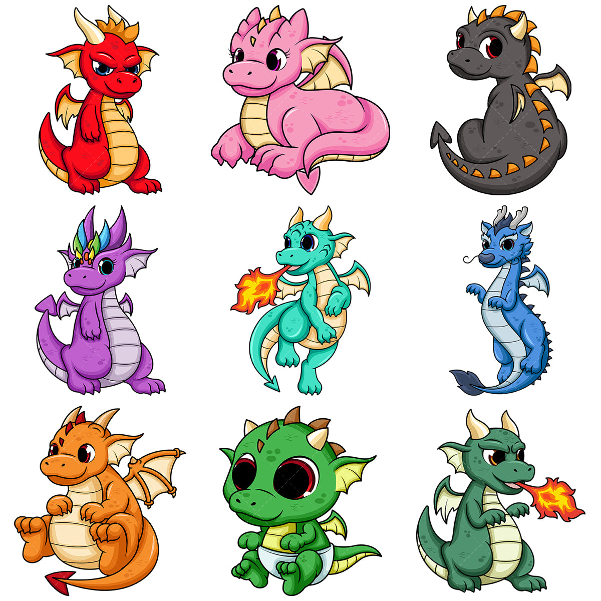 A bundle of 9 royalty-free stock vector illustrations of cute dragons.
