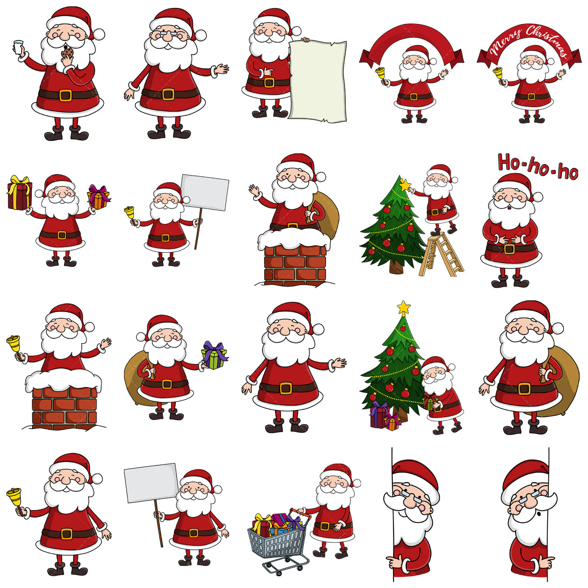 A bundle of 20 royalty-free stock vector illustrations of a cute santa claus.
