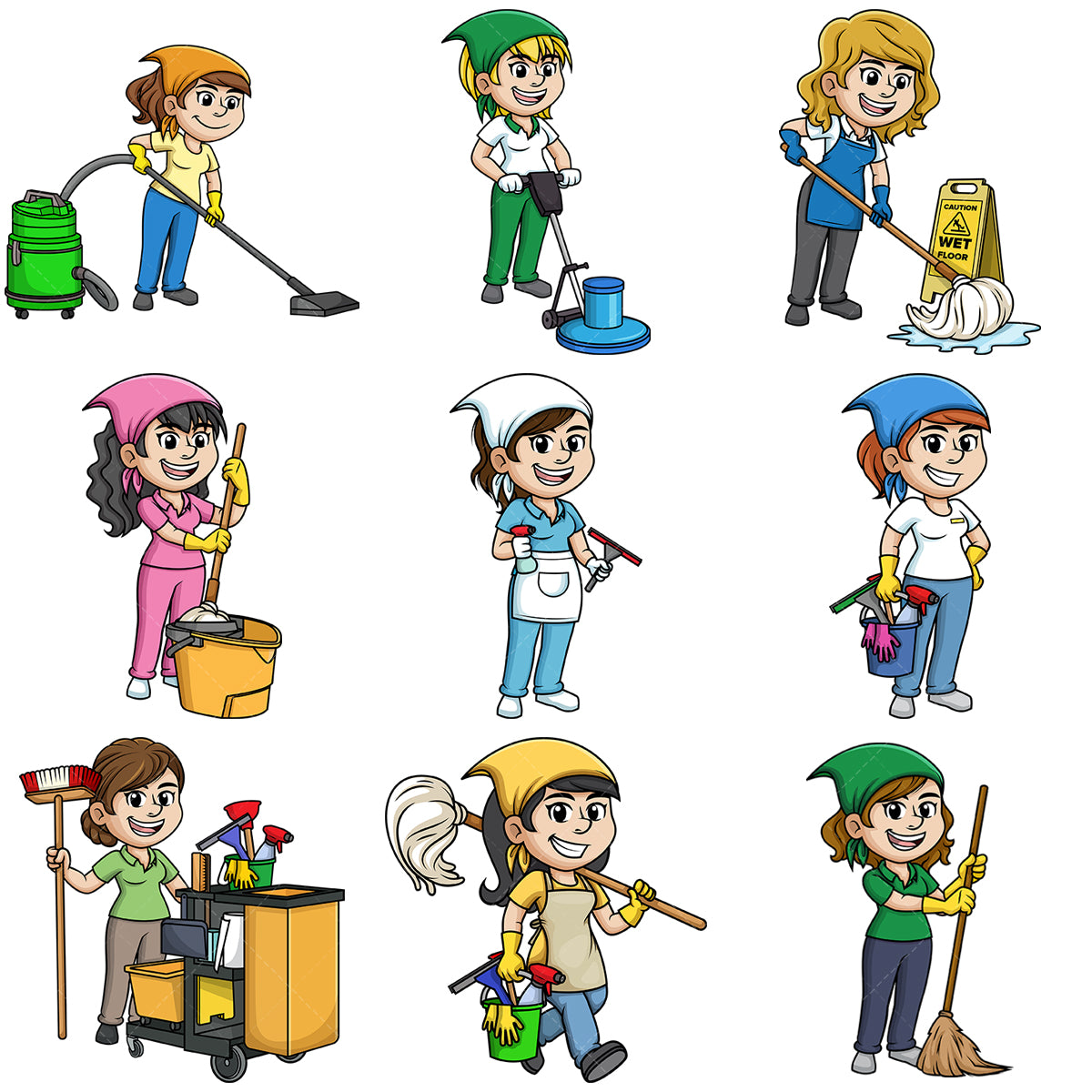 A bundle of 9 royalty-free stock vector illustrations of female cleaning professionals.