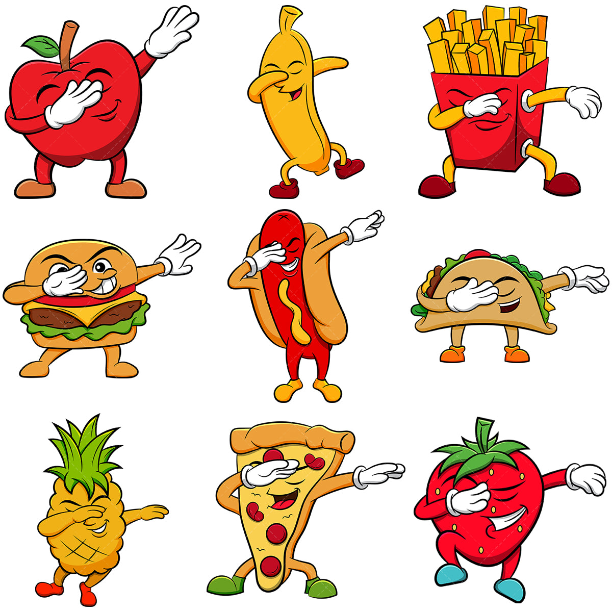 A bundle of 9 royalty-free stock vector illustrations of food & fruit cartoon characters dabbing.
