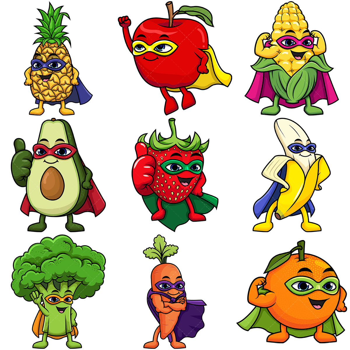 A bundle of 9 royalty-free stock vector illustrations of fruit and vegetable superhero characters.