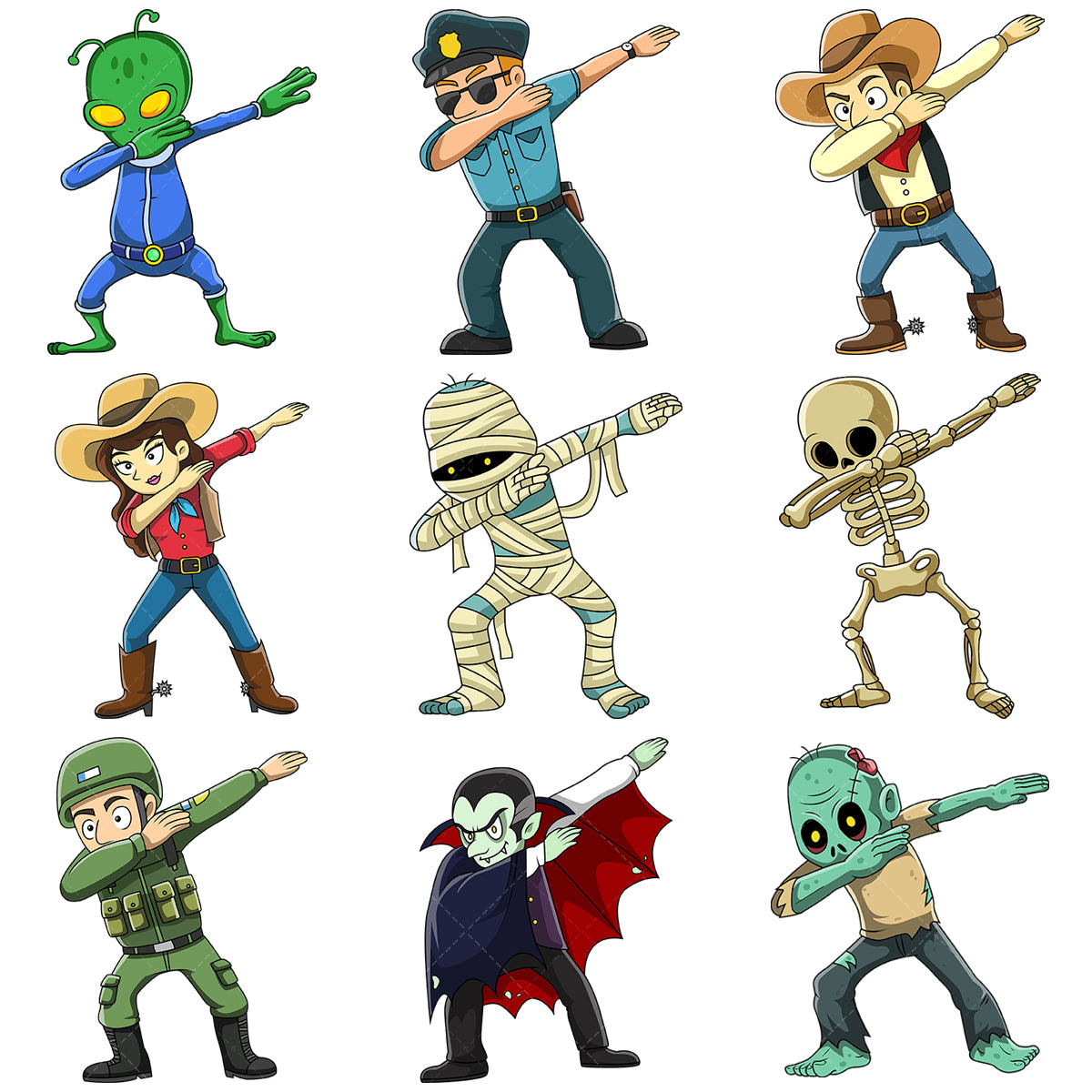A bundle of 9 royalty-free stock vector illustrations of human & mythical characters dabbing.