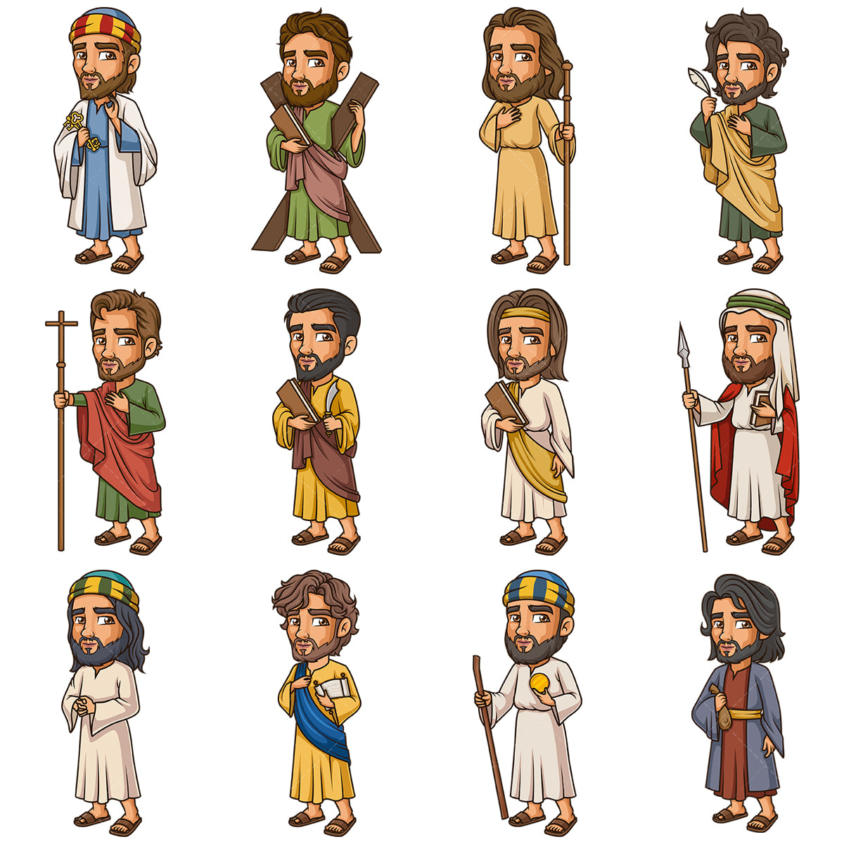 A bundle of 12 royalty-free stock vector illustrations of jesus christ disciples.