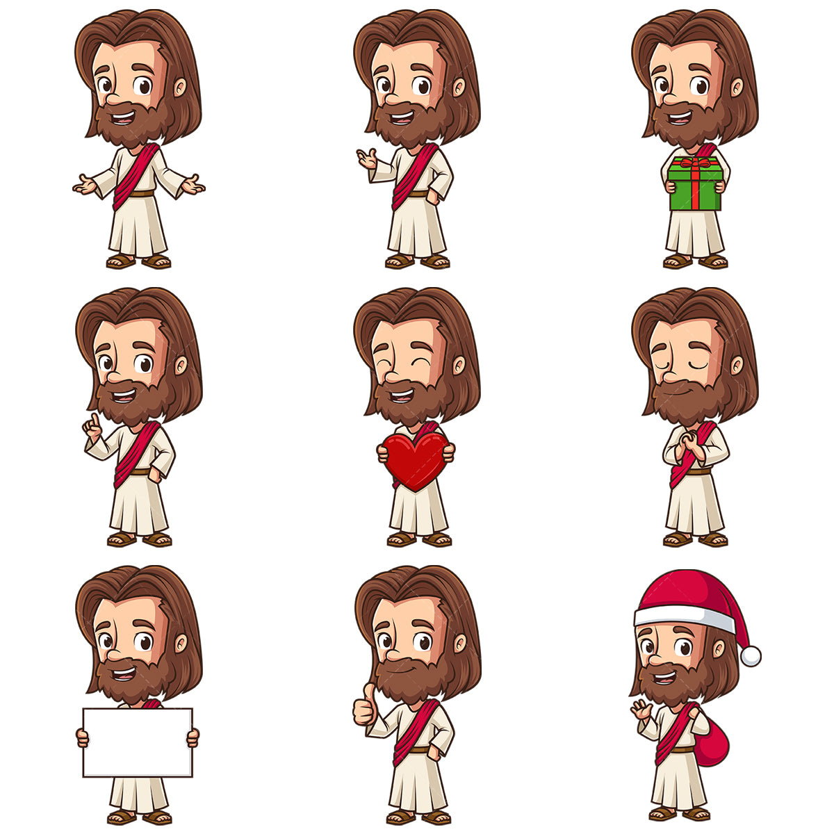 A bundle of 9 royalty-free stock vector illustrations of a kawaii Jesus character.