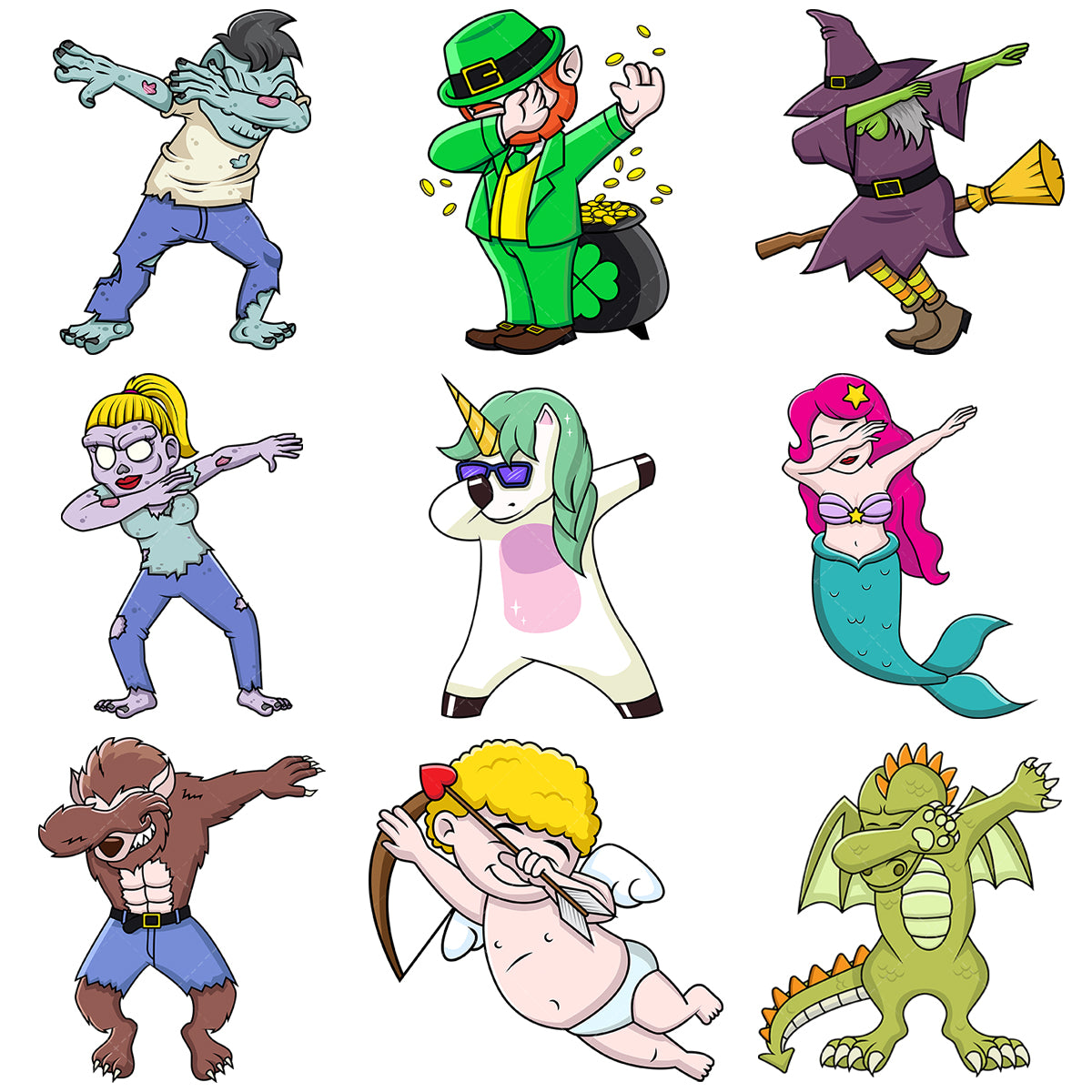 A bundle of 9 royalty-free stock vector illustrations of mythical creatures dabbing.