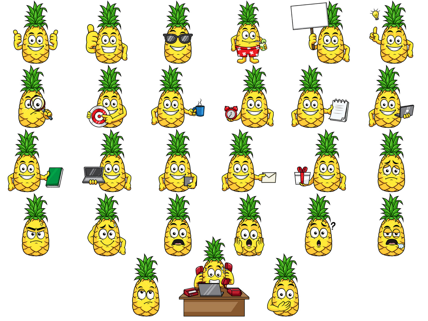 A bundle of 27 royalty-free stock vector illustrations of a pineapple character.