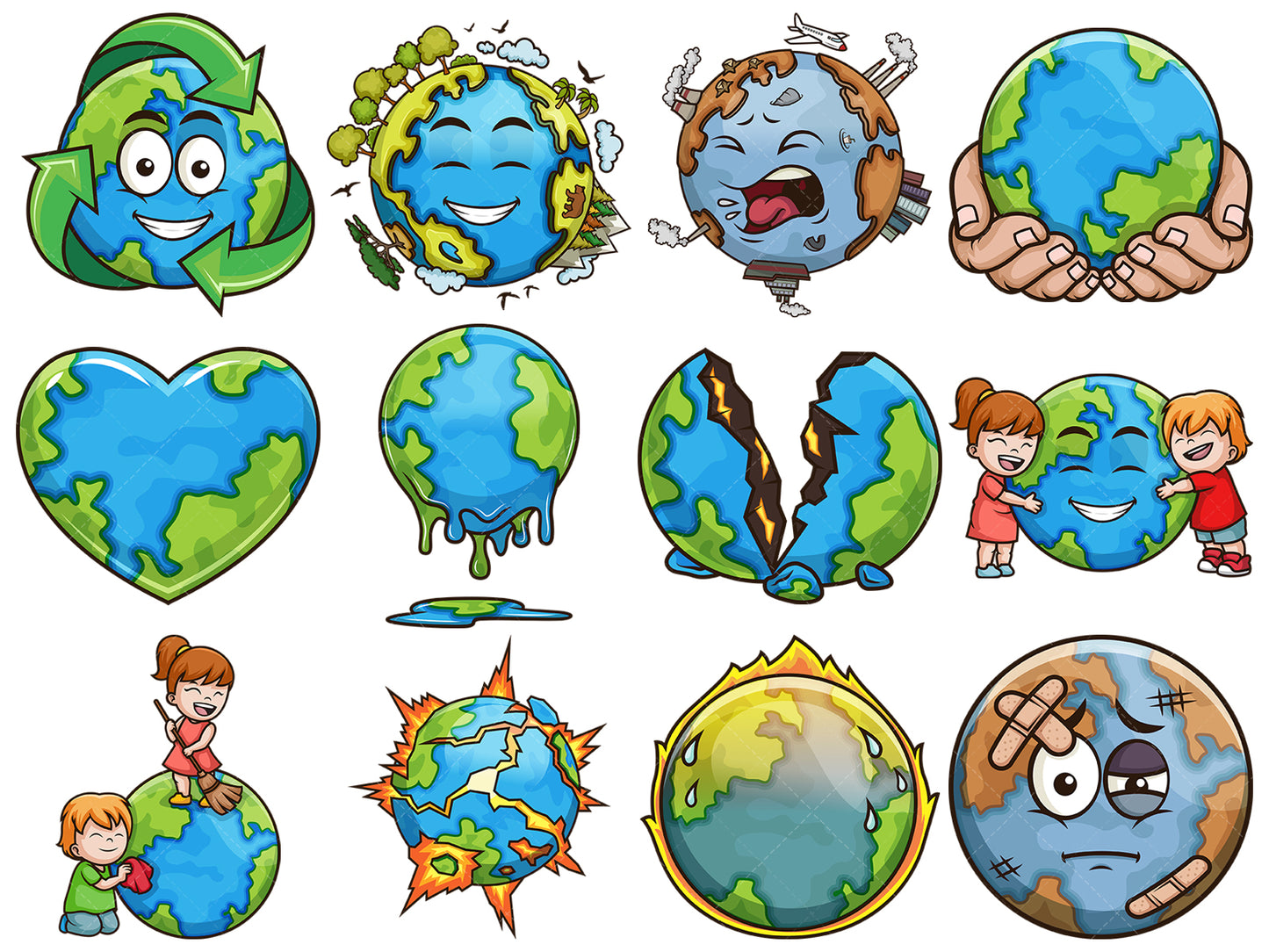 A bundle of 12 royalty-free stock vector illustrations of the planet earth.