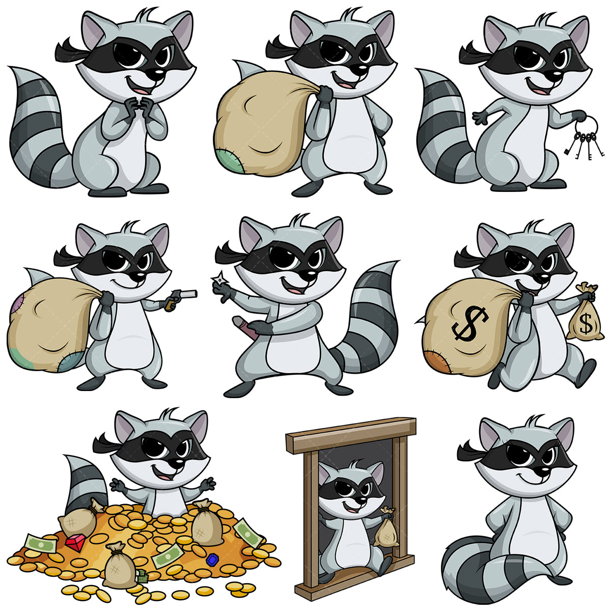 A bundle of 9 royalty-free stock vector illustrations of a raccoon bandit.