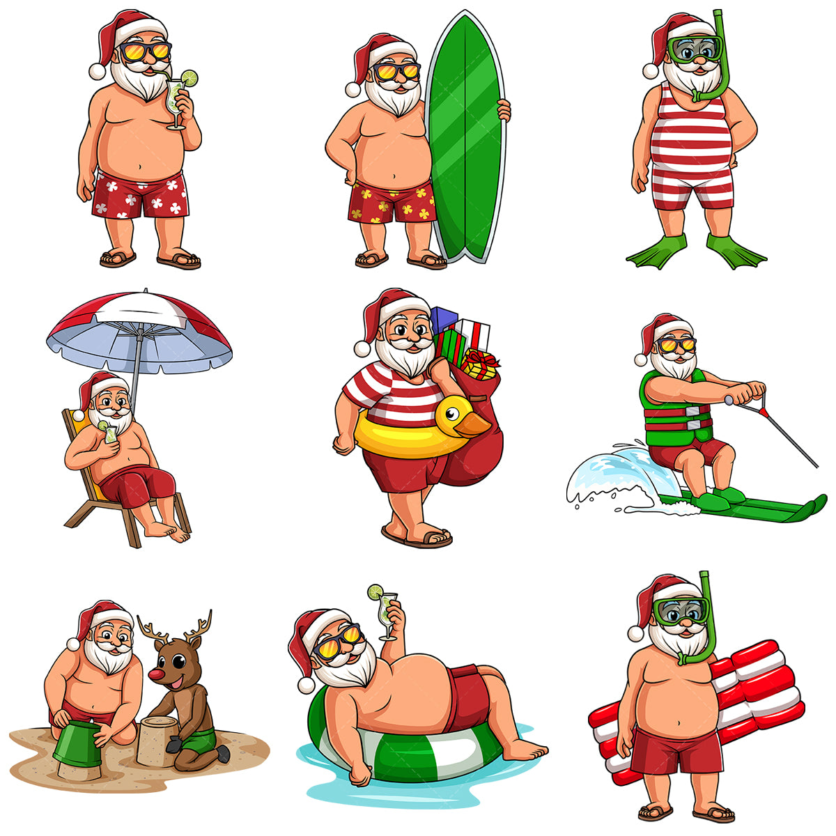 A bundle of 9 royalty-free stock vector illustrations of a summer santa claus.