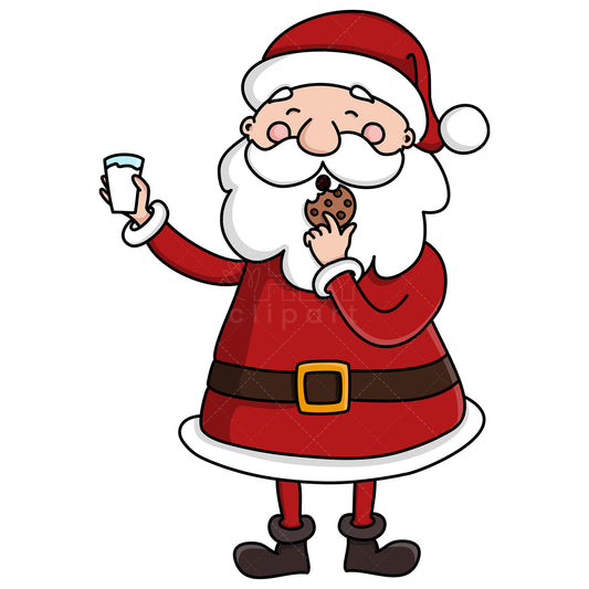 Royalty-free stock vector illustration of  a santa claus eating cookie and drinking milk.