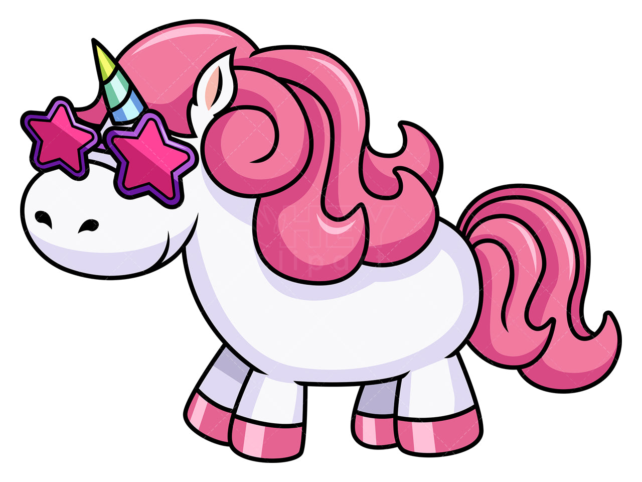 Royalty-free stock vector illustration of a unicorn with rainbow horn wearing star-shaped sunglasses.