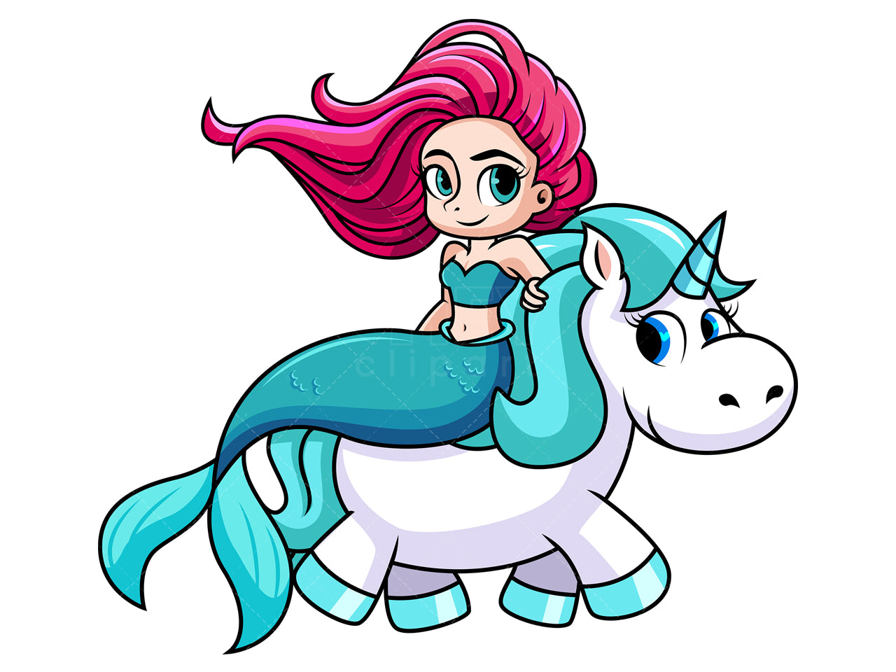 Royalty-free stock vector illustration of a cute mermaid riding a unicorn.
