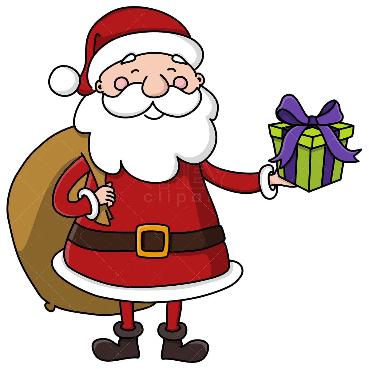 Royalty-free stock vector illustration of a cute santa holding a present.