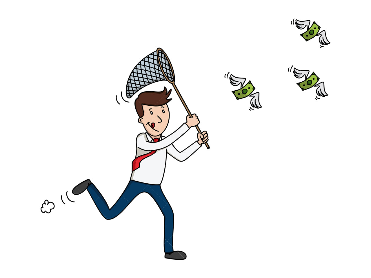 Royalty-free stock vector illustration of a businessman chasing flying dollars.