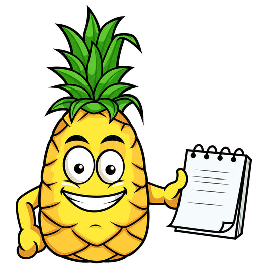 Royalty-free stock vector illustration of  a pineapple holding notepad.