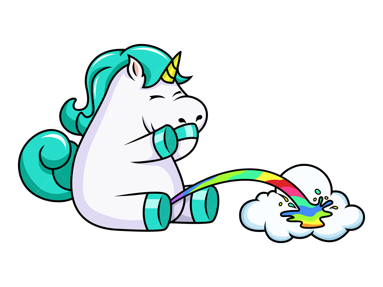 Royalty-free stock vector illustration of a giggling unicorn pissing rainbow colors.