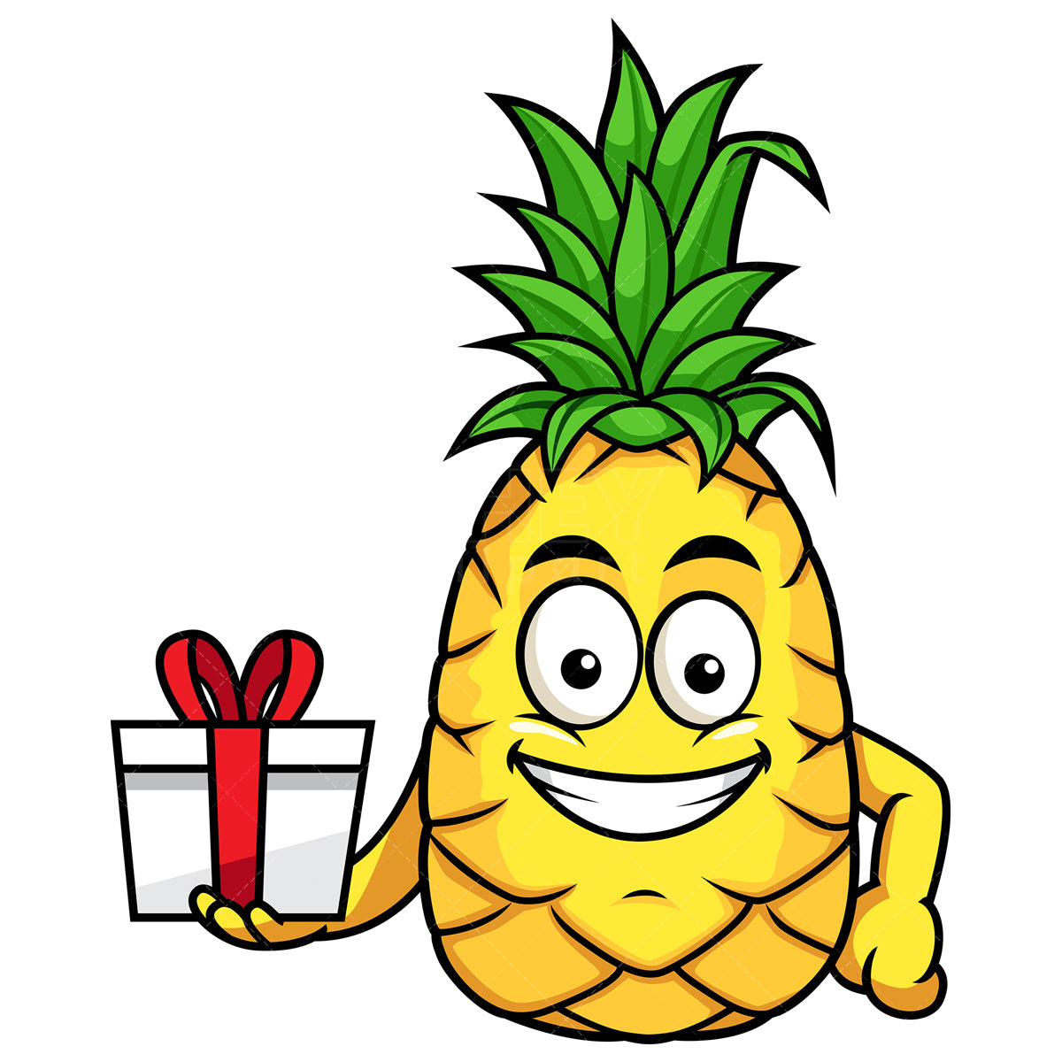 Royalty-free stock vector illustration of  a pineapple holding gift wrapped present.