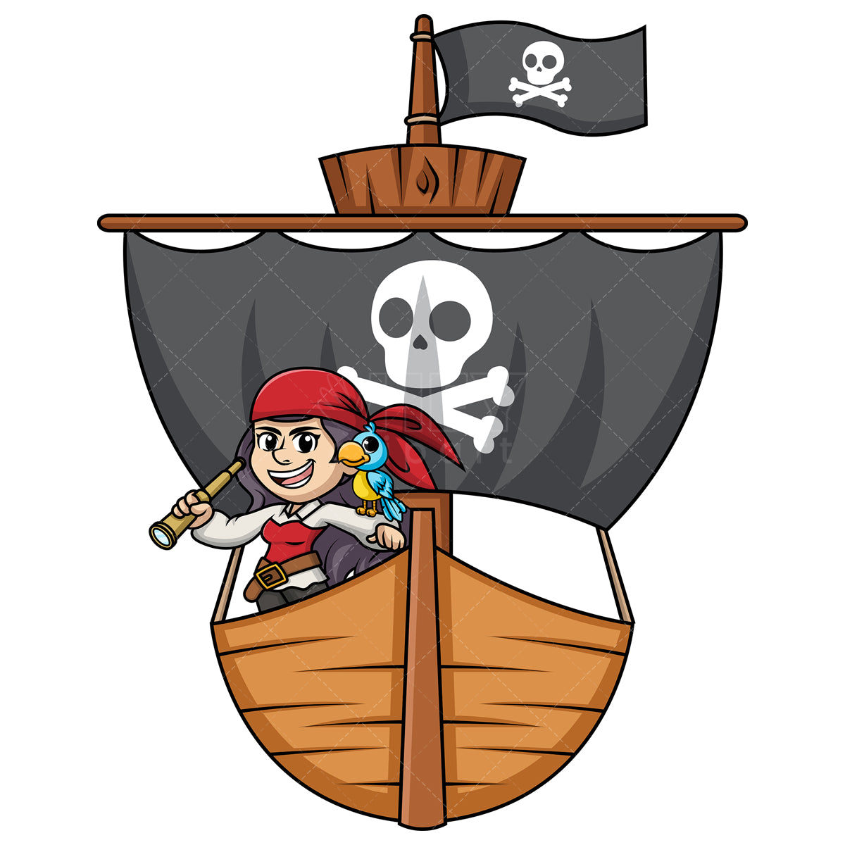 Royalty-free stock vector illustration of a female pirate aboard a ship with black sails.