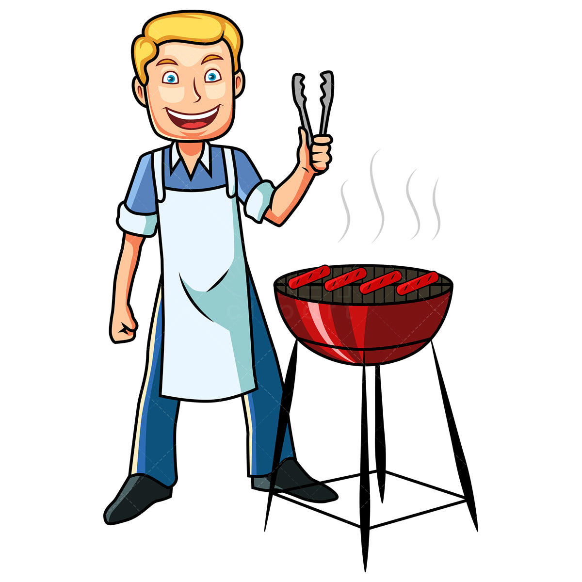 Royalty-free stock vector illustration of a man grilling delicious hot dogs.