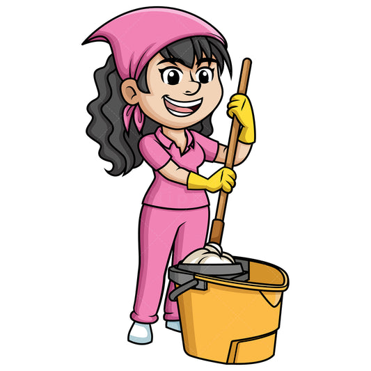 Royalty-free stock vector illustration of a woman squeezing a mop.