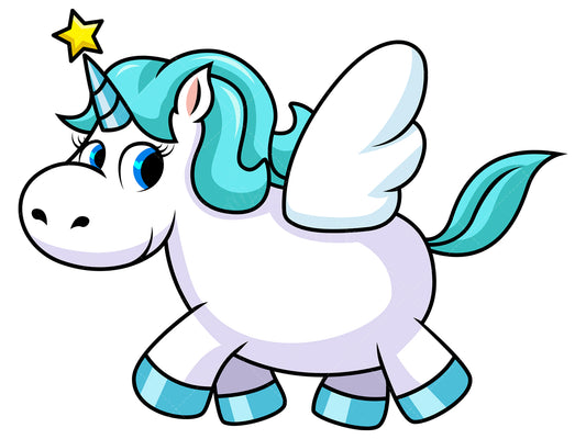 Royalty-free stock vector illustration of a winged unicorn with little yellow star.