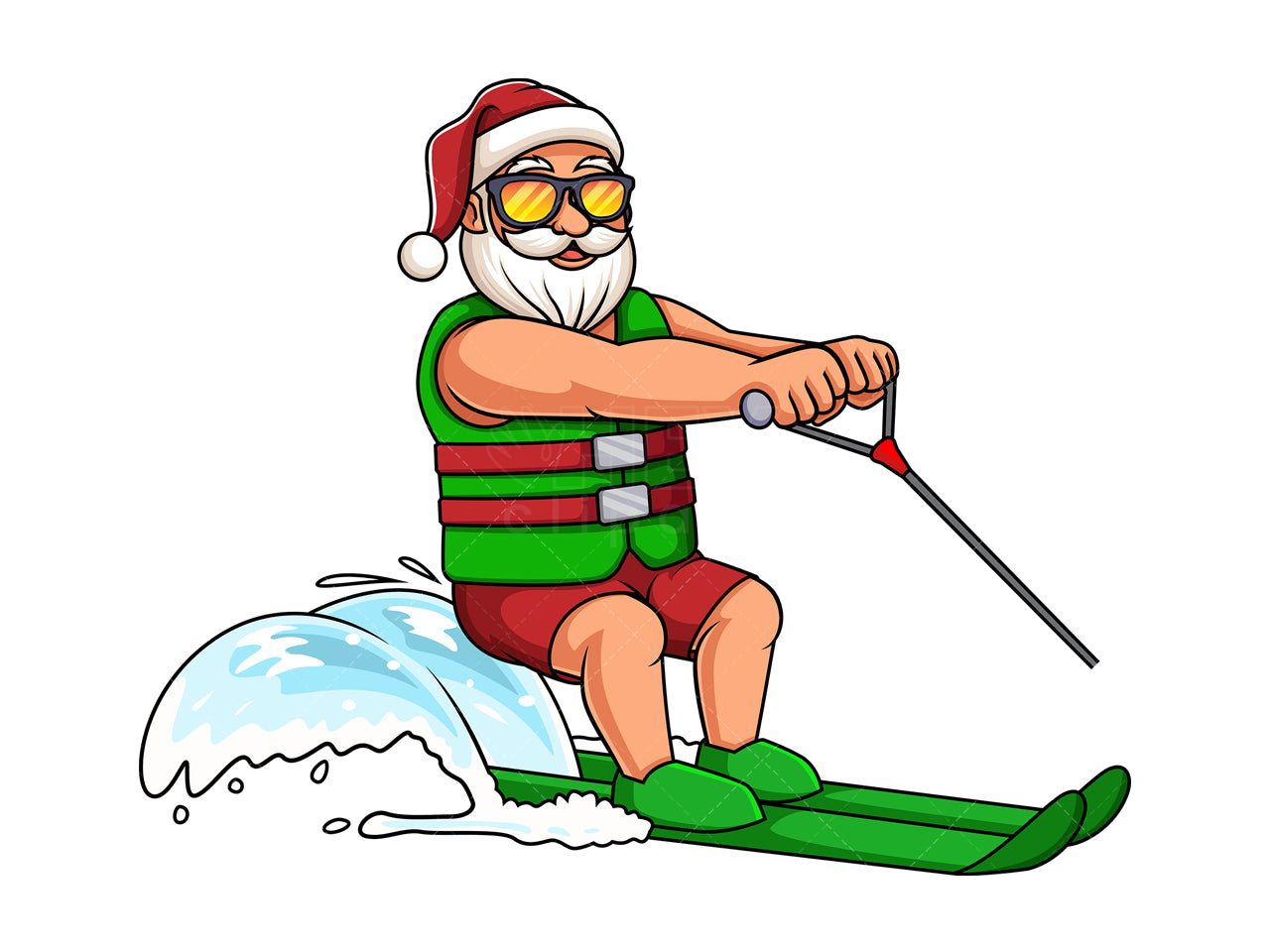 Royalty-free stock vector illustration of a water skiing summer santa claus.