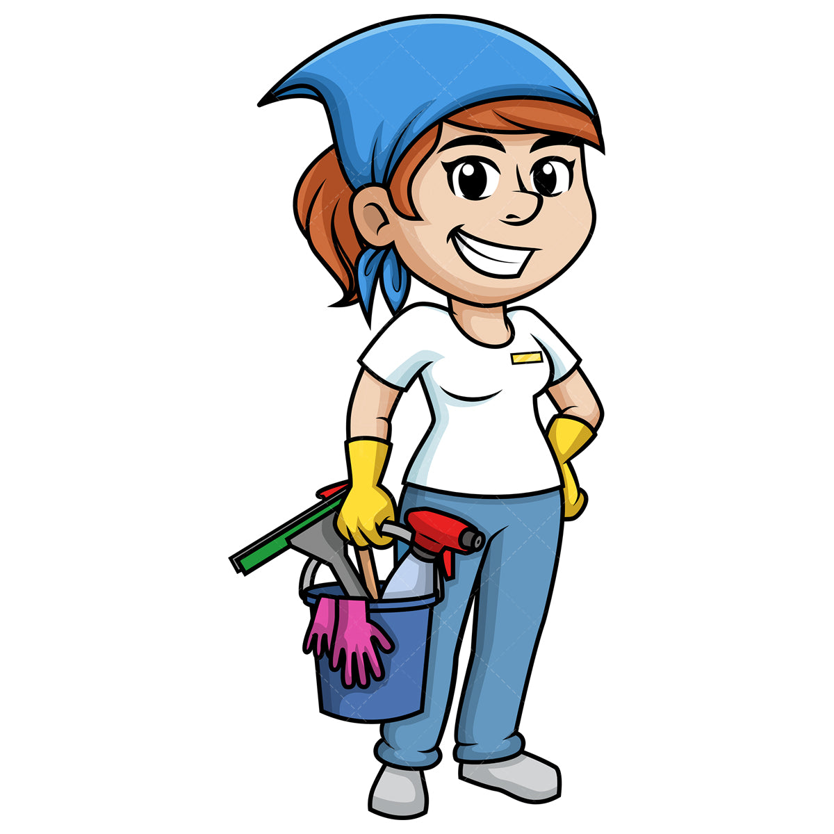 Royalty-free stock vector illustration of a woman holding cleaning tools.